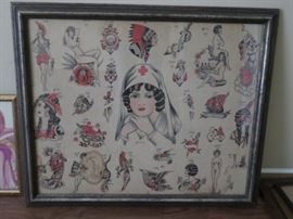 1920s-1930s Australian tattoo artist's flash art display.