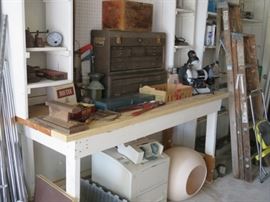 LOTS of great garage items including hand tools, tool boxes, power tools, yard/garden equipment, shelving and more. Includes nice collection of early 20th century carpentry tools and tool boxes.