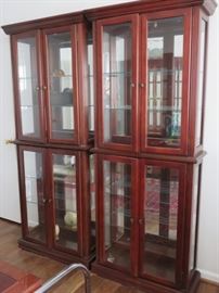 Mahogany finish curio cabinets with beveled glass doors/side panels