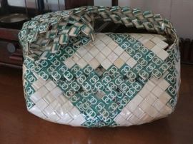 Vintage cigarette/prison art shoulder bag, hand-woven with Kool cigarette packages.