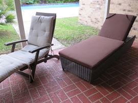 Nice collection of patio furniture including Four Hands high-end resin wicker chaise lounge and nicely weathered teak.