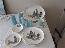 Metlox Poppy Trail "Street Scene".   Place settings plus set of turquoise tumblers.