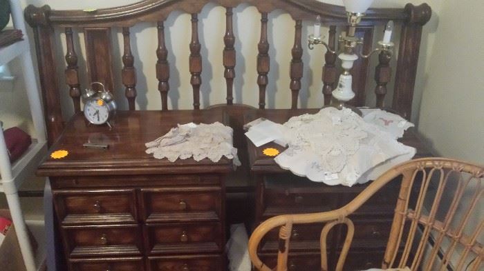 Bedroom side Tables and Headboard.  Lots of doilies