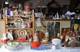 Tea pots, serving bowls, metal lodge-look plates, etched smoke  glass set, vintage Pyrex cup and saucer, woodware, monkeypod, studio pottery fish plaques, Dansk Dutch oven, wobbly glass set, baskets, flower pots, art…