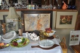 Art, Italian platters, antique ironstone advertising bed pan, "Summer Solstice" by Gary Benfield, Pyrex -- Terra and Town & Country Cinderella, cutting boards, etching