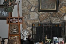 Tall hall tree with baskets and hooks, candles galore, art, fireplace set