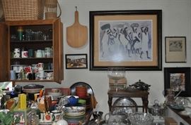 Plates and mugs and bowls and trays, baskets, art, small caned stool, silver-plate, crystal, glassware, Princess House