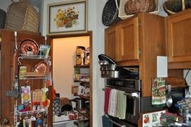 Kitchen utensils, baking supplies, coffee makers, baking pans, serving dishes, racks, pantry full of goodies, stainless steel cookware