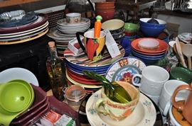 Plates and mugs and bowls and trays, glassware, canisters, serving pieces, kitchen utensils