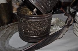 English brass footed planters, large shell oblong pottery bowl signed