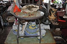 Cute chair with tile mosaic back and seat, brass lobster, set of dishes, bombe painted chest