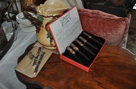 1940s lamp table, pottery  pitcher, carved wooden handle knives