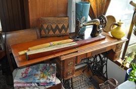 Singer treadle sewing machine, Asian large fans, baskets, Weller large vase as found, Bauer carafe small chip