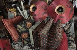 High back floral settee, decorator pillows, maps and posters, unique pair of Asian lampshades