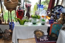 Large basket with handles, art glass, pottery, very large blue and white round platter with koi, Champleve vase, bench, lacquered trays, brass footed and pierced stand