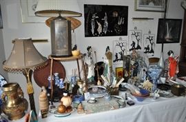 Chinoiserie lamps with shades, lacquered wall piece with mother-of-pearl, art, Hollywood Regency chalkware pair of vintage lamps Asian figures, Geisha girl decorative doll, blue and white Chinese porcelain, boxed set of chopsticks, luncheon lacquerware set, tall floor lamp, Chinese antiques and decorative items