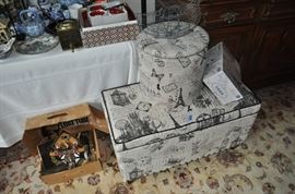 Cuckoo clock, hassock covered in French-inspired fabric,  covered footstool French-inspired fabric