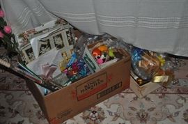 Mostly vintage wrapping paper, ribbons, decorations