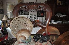 Detailed back on Victorian chair with upholstered seat (a pair), shells and stuff