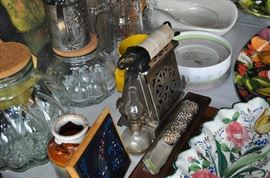 Large jars with cork tops, antique toaster, Portmeirion boxed set of plates, Italian pottery