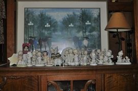 Precious Moment figurines excellent condition, framed art iron lamp, matching set c. 1920-1930 server/buffet/china cabinet