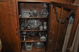 Matching set c. 1920-1930 server/buffet/china cabinet, Gorham, crystal, silver-plate, decanters, bowls, ice buckets, Depression glass