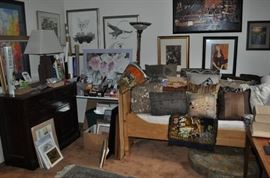 This room was PACKED with stuff... we could barely open the door when we started.  It was THE room where things were stashed when they ran out of room in the rest of the house... but it's turned into one of our favorites once we found cool art, oodles of art supplies,  a marble-topped Victorian dresser, tons of guy clothes, a tall Thomasville antique dresser (that matches a vanity in another room), a wonderful probably English pine twin bed full of great pillows... and the best ever... pictured later... Mid Century Declaration desk Kipp Stewart for Drexel