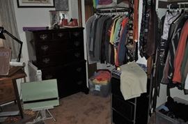 This room was PACKED with stuff... we could barely open the door when we started.  It was THE room where things were stashed when they ran out of room in the rest of the house... but it's turned into one of our favorites once we found cool art, oodles of art supplies,  a marble-topped Victorian dresser, tons of guy clothes, a tall Thomasville antique dresser (that matches a vanity in another room), a wonderful probably English pine twin bed full of great pillows... and the best ever... pictured later... Mid Century Declaration desk Kipp Stewart for Drexel