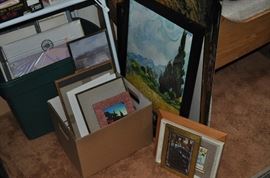 This room was PACKED with stuff... we could barely open the door when we started.  It was THE room where things were stashed when they ran out of room in the rest of the house... but it's turned into one of our favorites once we found cool art, oodles of art supplies,  a marble-topped Victorian dresser, tons of guy clothes, a tall Thomasville antique dresser (that matches a vanity in another room), a wonderful probably English pine twin bed full of great pillows... and the best ever... pictured later... Mid Century Declaration desk Kipp Stewart for Drexel