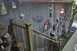 Garden art... tons of gardening tools, pots, patio set, hammock on stand, sooo many birdhouses, statuary, plant stands, old ladders, rusty treasures, bird bath, garden tool stand, hoses, Columbia winery wood bench, garden fertilizers and more, gardening books, gardening supplies and tools hundreds,  wooden table, wooden bench, garden hand tools, wind chimes, wire baskets, hose reel, planters, compost bins, wicker, wrought iron pot hangers, patio chairs, little red wagon, picket fencing, corrugated metal, garden carts, shepherds’ hooks, bags of gravel, rakes/shovels/hoes/spades/clippers/cultivators, tool caddy, slab of granite, ladders, garden wall art, strawberry pot, weather vane, terra cotta, vintage duck decoy wind chime, cast concrete leaves, wrought iron small tables, gardening hand tools, bird feeders, garden signs, boots, garden whimsey…