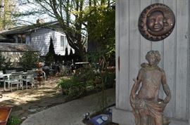 Garden art... tons of gardening tools, pots, patio set, hammock on stand, sooo many birdhouses, statuary, plant stands, old ladders, rusty treasures, bird bath, garden tool stand, hoses, Columbia winery wood bench, garden fertilizers and more, gardening books, gardening supplies and tools hundreds,  wooden table, wooden bench, garden hand tools, wind chimes, wire baskets, hose reel, planters, compost bins, wicker, wrought iron pot hangers, patio chairs, little red wagon, picket fencing, corrugated metal, garden carts, shepherds’ hooks, bags of gravel, rakes/shovels/hoes/spades/clippers/cultivators, tool caddy, slab of granite, ladders, garden wall art, strawberry pot, weather vane, terra cotta, vintage duck decoy wind chime, cast concrete leaves, wrought iron small tables, gardening hand tools, bird feeders, garden signs, boots, garden whimsey…