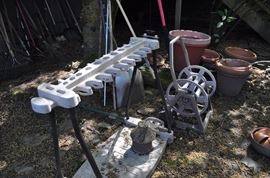 Garden art... tons of gardening tools, pots, patio set, hammock on stand, sooo many birdhouses, statuary, plant stands, old ladders, rusty treasures, bird bath, garden tool stand, hoses, Columbia winery wood bench, garden fertilizers and more, gardening books, gardening supplies and tools hundreds,  wooden table, wooden bench, garden hand tools, wind chimes, wire baskets, hose reel, planters, compost bins, wicker, wrought iron pot hangers, patio chairs, little red wagon, picket fencing, corrugated metal, garden carts, shepherds’ hooks, bags of gravel, rakes/shovels/hoes/spades/clippers/cultivators, tool caddy, slab of granite, ladders, garden wall art, strawberry pot, weather vane, terra cotta, vintage duck decoy wind chime, cast concrete leaves, wrought iron small tables, gardening hand tools, bird feeders, garden signs, boots, garden whimsey…