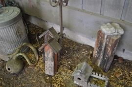 Garden art... tons of gardening tools, pots, patio set, hammock on stand, sooo many birdhouses, statuary, plant stands, old ladders, rusty treasures, bird bath, garden tool stand, hoses, Columbia winery wood bench, garden fertilizers and more, gardening books, gardening supplies and tools hundreds,  wooden table, wooden bench, garden hand tools, wind chimes, wire baskets, hose reel, planters, compost bins, wicker, wrought iron pot hangers, patio chairs, little red wagon, picket fencing, corrugated metal, garden carts, shepherds’ hooks, bags of gravel, rakes/shovels/hoes/spades/clippers/cultivators, tool caddy, slab of granite, ladders, garden wall art, strawberry pot, weather vane, terra cotta, vintage duck decoy wind chime, cast concrete leaves, wrought iron small tables, gardening hand tools, bird feeders, garden signs, boots, garden whimsey…