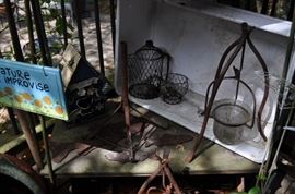 Garden art... tons of gardening tools, pots, patio set, hammock on stand, sooo many birdhouses, statuary, plant stands, old ladders, rusty treasures, bird bath, garden tool stand, hoses, Columbia winery wood bench, garden fertilizers and more, gardening books, gardening supplies and tools hundreds,  wooden table, wooden bench, garden hand tools, wind chimes, wire baskets, hose reel, planters, compost bins, wicker, wrought iron pot hangers, patio chairs, little red wagon, picket fencing, corrugated metal, garden carts, shepherds’ hooks, bags of gravel, rakes/shovels/hoes/spades/clippers/cultivators, tool caddy, slab of granite, ladders, garden wall art, strawberry pot, weather vane, terra cotta, vintage duck decoy wind chime, cast concrete leaves, wrought iron small tables, gardening hand tools, bird feeders, garden signs, boots, garden whimsey…