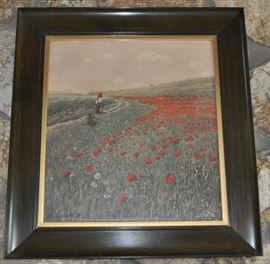 Beautifully framed, girl in field of poppies.  Artist name is not legible.