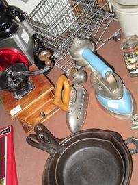 Primitives, Coffee Grinder, Crock, Gas Sad Irons, Iron Skillets
