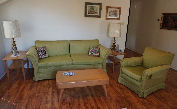 Apartment living room with Heywood Wakefield coffee table and end tables