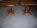 Pair of small all wood, square coffee tables have Burl veneer. Empire French-German style.