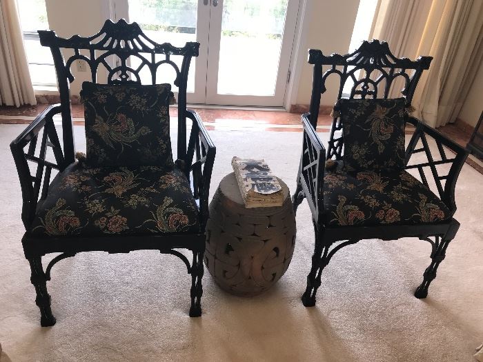 Pair of black lacquer pagoda chairs