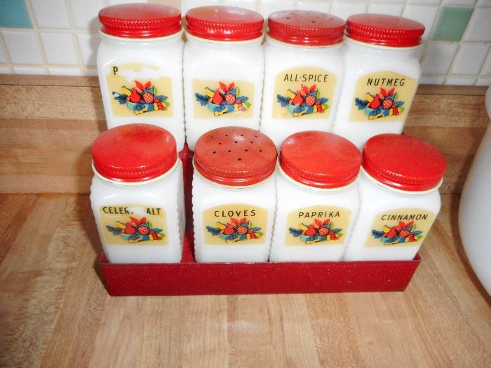 Vintage Tipp Milk Glass Spice Jar/Red Stand