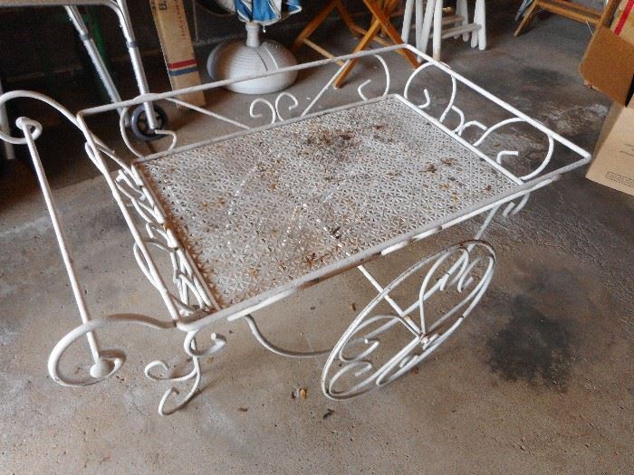 Vintage White Wrought Iron Patio Tea Cart