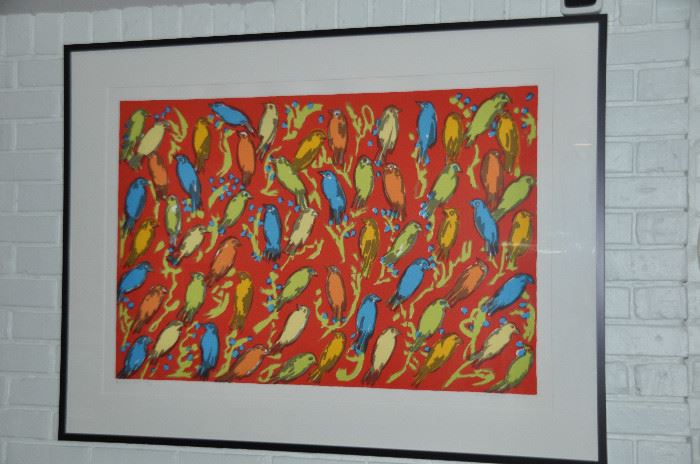 Hunt Slonem screen print "Finches Red" signed and numbered with conservation glass, 46"w x 34.5"h