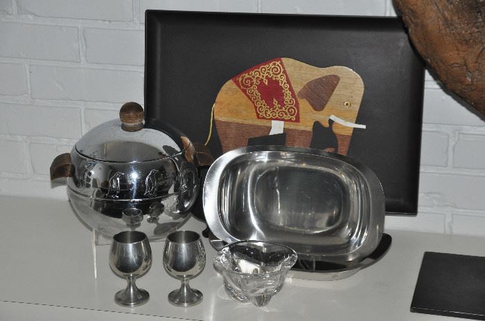 More mid century stainless pieces and Couric serving tray with elephant inlay