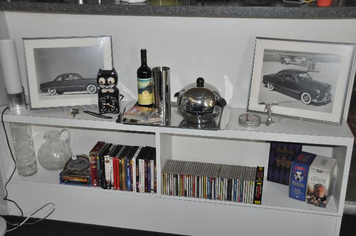 Movies, Cd's, the Original Cat clock and fantastic framed vintage black and white car photos