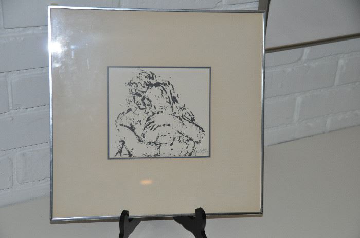 Mid century framed etching by Sophie Fordon, 1972  14.25" x 14"           