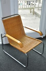 Vintage Marcel Breuer Steel and Rattan Lounge Chair with natural beech arms, 2 available (Rattan AS IS). Made in Italy. 25.5"w x 32.5"h x 31.25"d