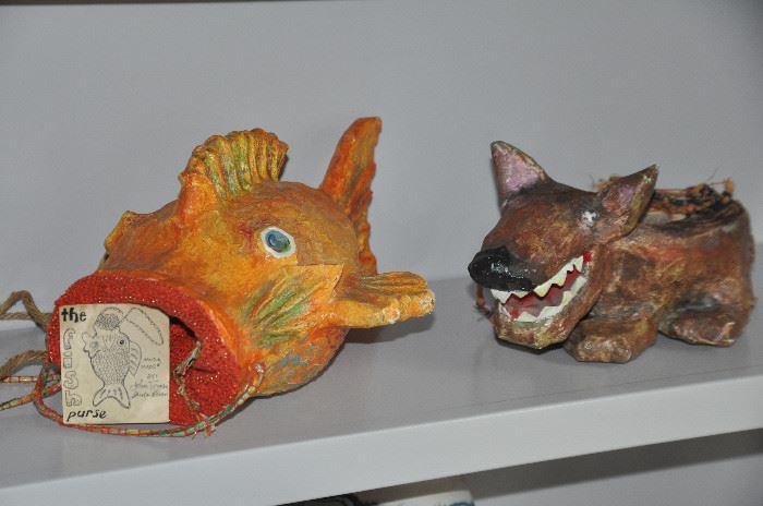 A pair of paper mache and hand woven textile animal purses by Sheila Ruen and John Formey, 