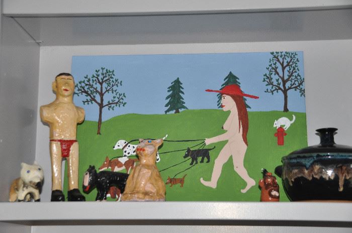 Pottery, paper mache animals and oil on board art by folk artist Joe McCuaig, Woman with Dogs