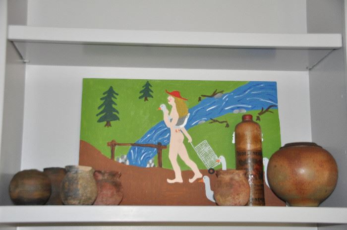 Primitive pots and Another oil on board folk art by Joe McCuaig, Woman with Goose