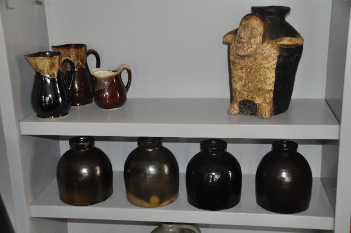 Great Roseville USA vintage pottery pitchers, hand thrown salt glazed pots,and a fantastic primitive vase